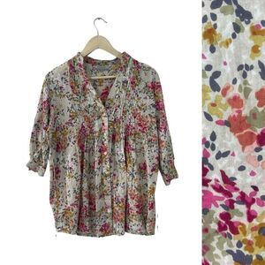 World Market Small/Medium Button Front Shirt Floral Cotton Tie Waist Womens